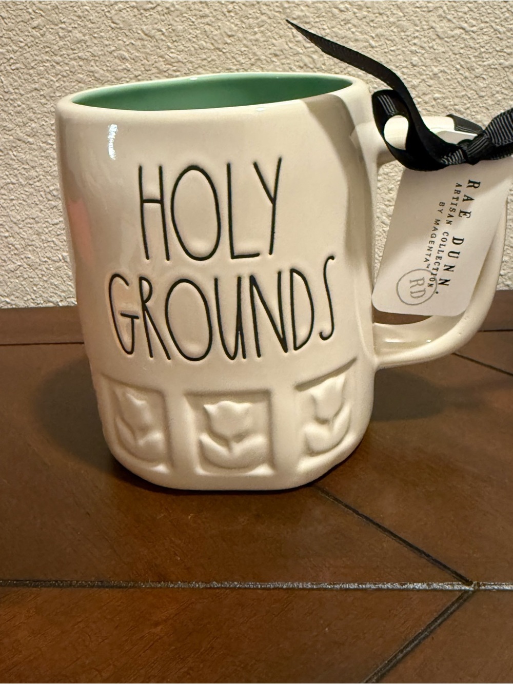 Rae Dunn White Mug w/ Sculpted Tulip Border & Mint Teal Int - "Holy Grounds"